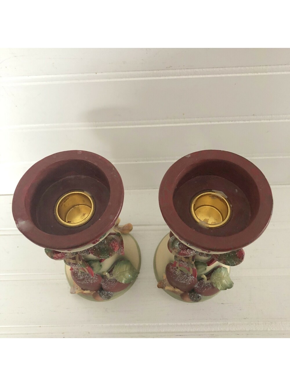 2 Winter Orchard Candle Holders Christmas Fruit Ribbon Holly Betty Singer Design - Picture 3 of 12
